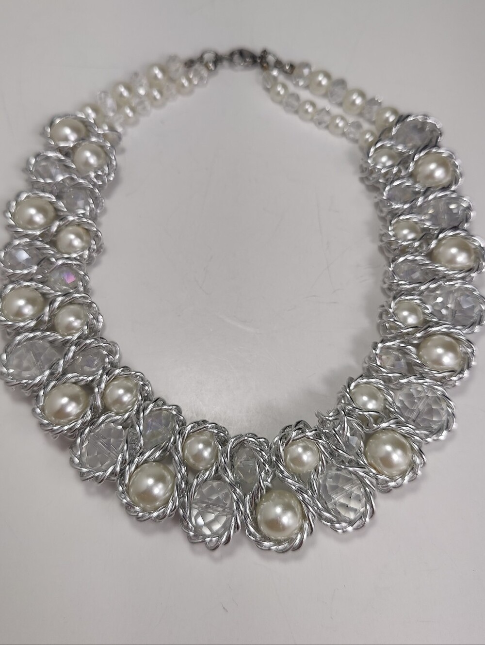 Silver Tone Faux Pearl AB Crystal Statement Necklace Wedding Bridal Formal Glam